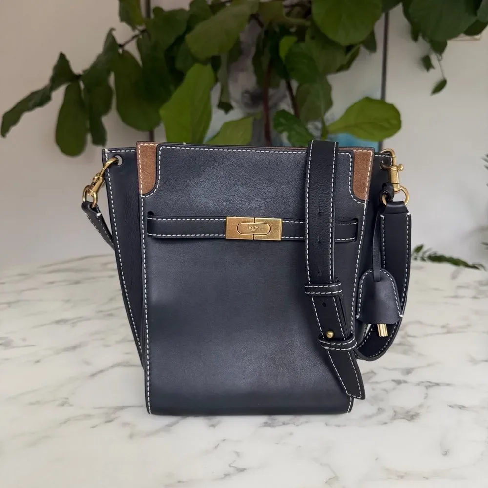 Tory Burch LEE RADZIWILL DOUBLE BUCKET BAG Black Leather Crossbody Shoulder